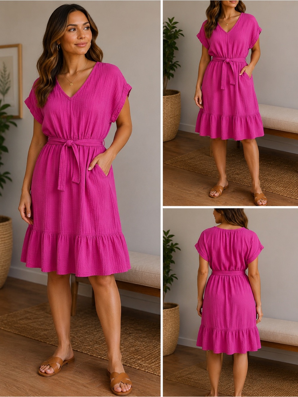 GAP Fuchsia Double Gauze Tie Waist Midi Dress Size Small